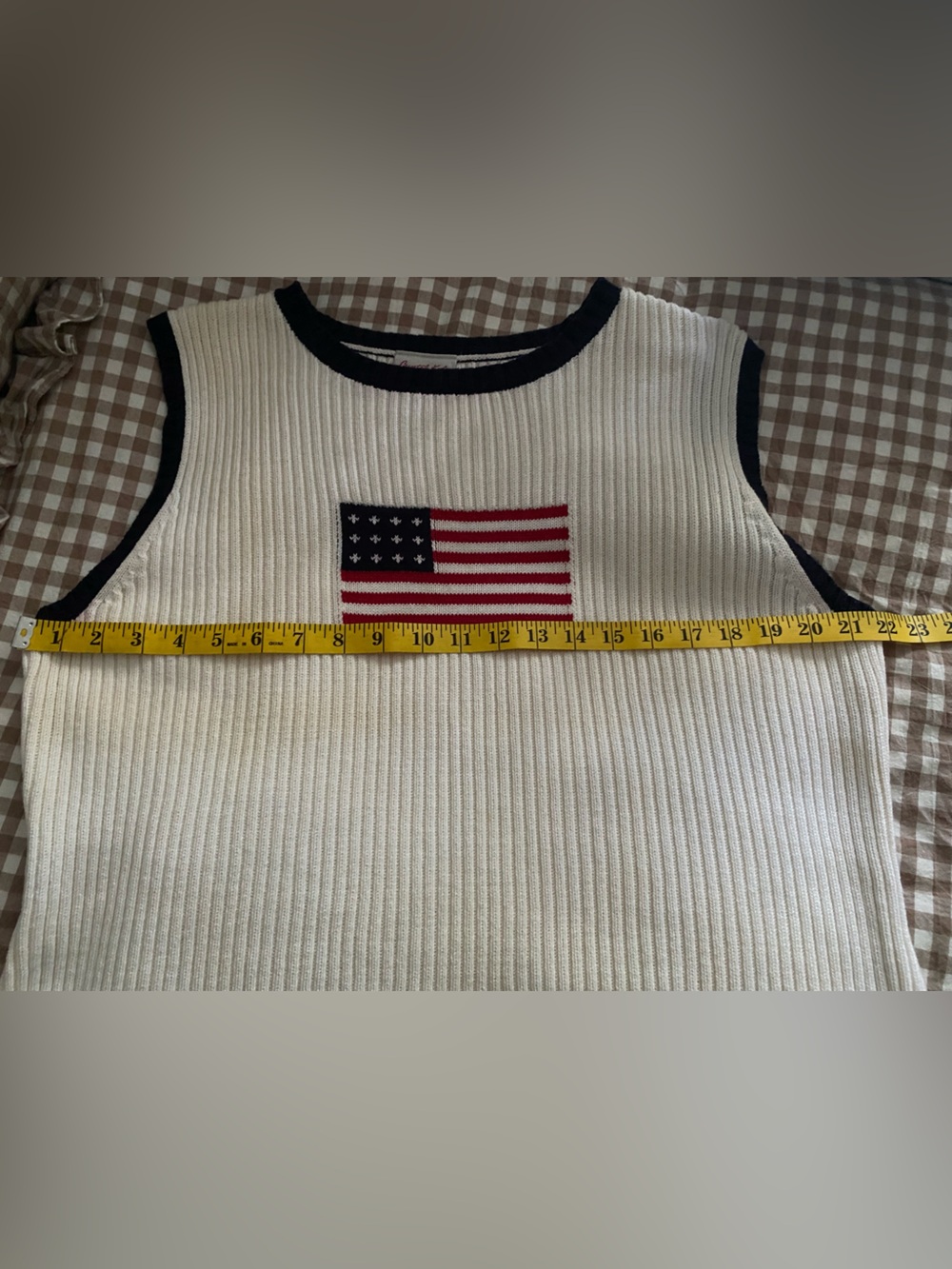 Cream Ribbed Sleeveless Knit Tank with Flag Motif - Picture 7 of 8